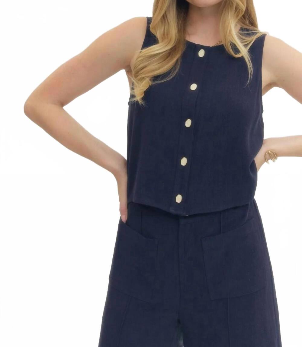 NEW ENTRO the harper sleeveless linen blend button front tank in navy blue